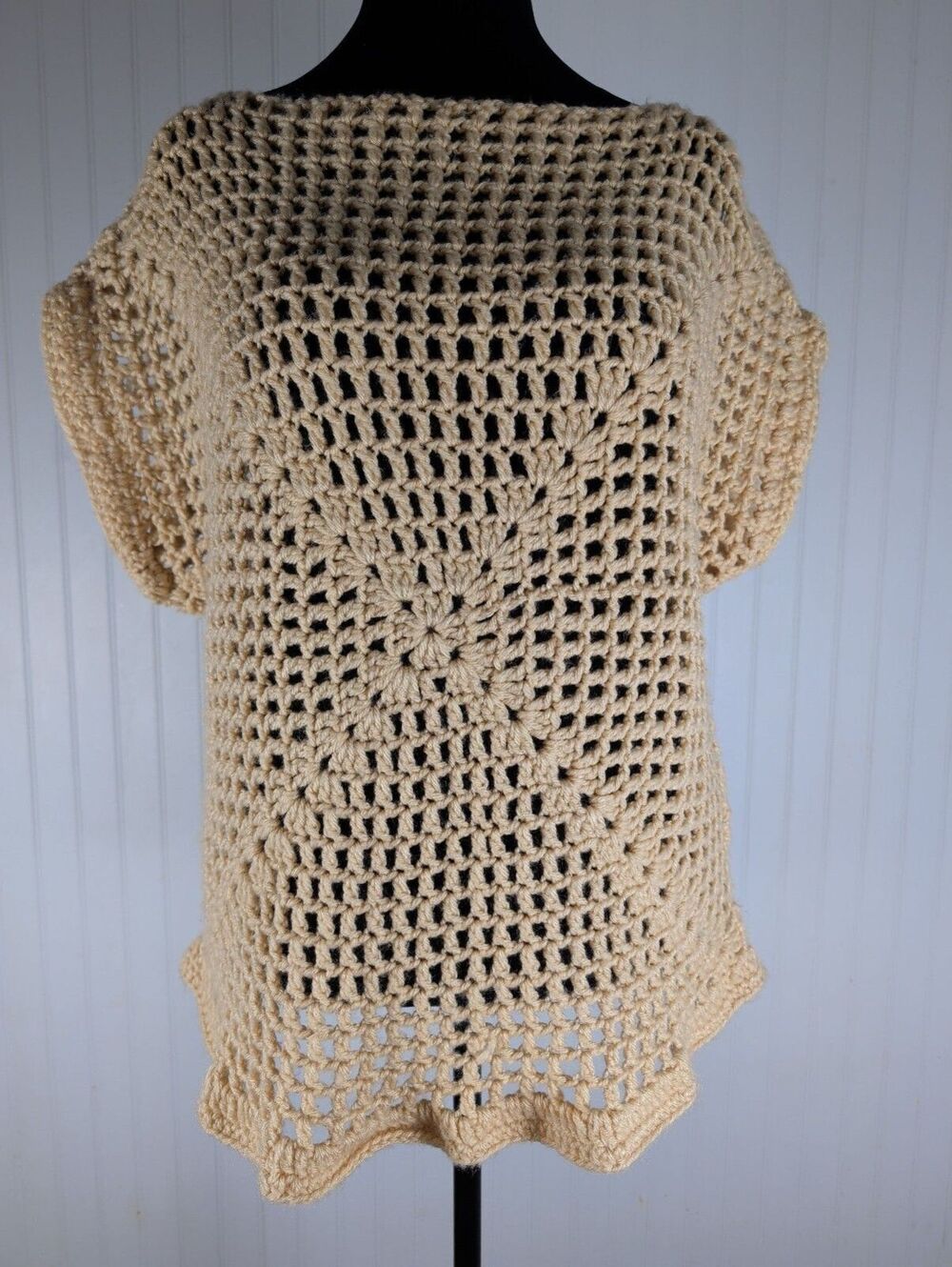 Vintage Handmade Crochet Mesh Beige Boho Open Knit Short Sleeve Tunic OOAK M/L